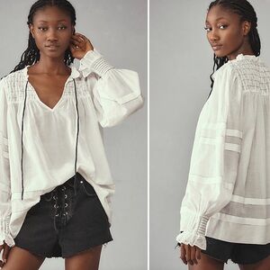 Anthropologie Long-Sleeve White Airy Babydoll smocked Blouse Sz M Boho Peasant